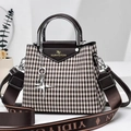 Houndstooth pattern shoulder bag with leather trim and silver metal handle for women - Brown/White Houndstooth Pattern (Style 5)