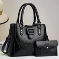 Vintage black textured leather tote bag set with matching long envelope wallet for women - Black