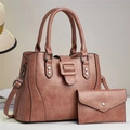 Retro faux leather tote bag and envelope pouch set in dusky rose with gold accents - Pink