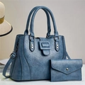 Blue faux leather tote set with vintage texture, rivet details and matching envelope wallet - Blue