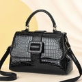 Chic black crocodile textured faux leather tote bag with large square buckle and top handle - Black