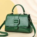 Deep green lizard pattern leather tote with gold hardware and contrast flap design - Green