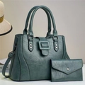 Dark teal faux leather tote bag and envelope clutch set with textured finish - Green