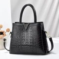 Large black crocodile textured shoulder bag with golden V decoration for women - Black