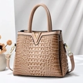 Chic beige crocodile pattern handbag with gold V-hardware and versatile crossbody strap - Khaki