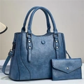 Blue vintage synthetic leather tote bag set with matching envelope wallet and silver studs - Blue Gold