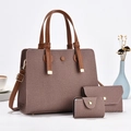 Three-piece tote bag set with envelope clutch and card holder in textured mauve fabric - Coffee