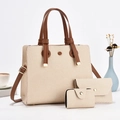 Conjunto de 3 bolsos de lona color crema con adornos en cuero sintético marrón y borlas - Blanco Roto