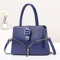 Glossy navy blue crocodile texture tote bag with crossbody strap and gold-tone zippers - Blue