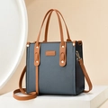 Gray-blue and brown contrast tote bag with lychee texture and adjustable shoulder strap - Blue