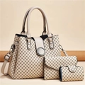Detailliertes Set aus drei beige Taschen mit geometrischem Print inklusive großer Tote - Khaki Mit Khaki