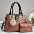 Brown grainy leather tote bag set with matching long wallet and pink pom-pom keychain - Pink