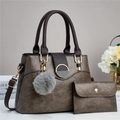 Brown faux leather tote bag set with metal ring buckle and gray faux fur pompom charm - Gray