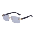 Randlose rechteckige Sonnenbrille mit hellblauen Gläsern und goldenem Panther-Detail - Schwarze Holzmaserung Goldrahmen Hellgrau zu Dunkelgrau (C1)