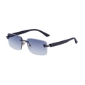 Randlose Sonnenbrille mit blauem Farbverlauf, Pantherkopf-Detail und Bügeln in Holzoptik - Schwarze Holzmaserung Gunmetal-Rahmen Hell-Doppelgrau zu Grau (C2)