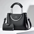 Black litchi grain bucket bag set with silver chain and classic letter print - Black
