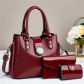 Burgundy 3-piece tote set with crocodile pattern embossed patent leather and metal details - Red