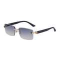 Randlose Sonnenbrille mit blauem Verlauf, Holz bügeln und goldenem Pantherkopf - Schwarze Holzmaserung Goldrahmen Hellblau-Gelb zu Grau (C6)