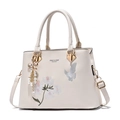 Sac à main crème en cuir PU avec broderie florale, pendentif perle et bandoulière réglable - Blanc Cassé / 31x13x22cm