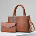 Brown crocodile pattern faux leather handbag set with matching envelope clutch bag - Khaki/Earth Yellow