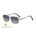 Square frame punk sunglasses with silver metal and blue accents featuring photochromic lenses - C5 Blue Stripe Silver Turn Grey