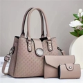 Three-piece leather handbag set in dusty rose featuring woven texture and silver hardware - Khaki