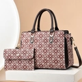 Ensemble 2 pièces avec grand cabas et pochette à imprimé floral géométrique et détails bruns - Bordeaux