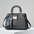 Dark grey lizard pattern handbag set with golden buckle and detachable strap - Navy Blue