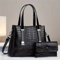 Detail of black crocodile texture tote bag with matching envelope wallet and silver hardware - 2-Piece Set (Tote + Inner Pouch) / Black