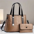 Brown crocodile texture tote bag and matching long wallet with black patent leather handles - 2-Piece Set (Tote + Inner Pouch) / Khaki