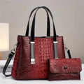 Macro shot of two-piece dark red crocodile pattern tote bag with matching purse and strap - 2-Piece Set (Tote + Inner Pouch) / Red