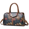 Detail of vintage tote bag featuring embossed rose floral patterns and brown leather straps - Rose Embossed (Style 5)