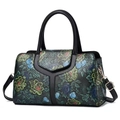Classic retro embossed floral handbag in black leather with detachable golden strap - Black Floral (Style 1)