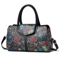Floral embossed large capacity leather tote handbag with detachable crossbody strap - Dark Grey Painted Floral (Style 3)