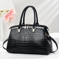 Glossy black crocodile pattern handbag with gold hardware and top handles for women - Black