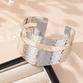 Elegant silver hammered texture open cuff bracelet with minimalist dual band cutout design - Silver