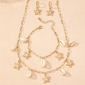 Detail van een gouden sieradenset met zeester en schelp hangers voor een zomerse strandlook - Zeester Schelp Hanger / Parelwitte Driedelige Set