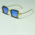 Steampunk square sunglasses with gold metal frame and blue-purple gradient lenses - C12 Gold Deep Blue Color