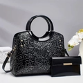 Ensemble de sacs à main en cuir verni noir avec motifs floraux blancs et détails dorés - Noir