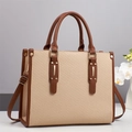 Large capacity beige woven tote bag with brown leather trim and golden metal hardware - Khaki