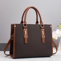 Brown woven texture tote bag with leather handles and gold metal buckle detail - Coffee
