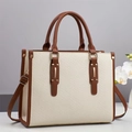 Retro striped contrast tote bag with premium cream fabric and brown leather straps - Off White