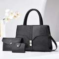 Three-piece black crocodile pattern handbag set with tote, clutch and card holder - Black