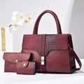 Three-piece burgundy handbag set featuring crocodile pattern embossed faux leather - Burgundy