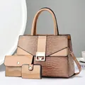 Three-piece nude faux leather set featuring crocodile pattern handbag and matching purses - Khaki