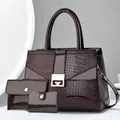 Three-piece women handbag set in glossy lizard pattern with gold lock and shoulder strap - Coffee