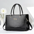 Fashionable black crocodile embossed tote bag with gold logo and detachable shoulder strap - Black