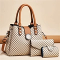 Three-piece beige printed tote set with crossbody strap and geometric pattern - Khaki With Earthy Yellow