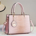 Detail of pink faux crocodile leather handbag with metal swan charm and double handles - Pink (806-3#)