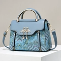 Fashion women tote bag with blue graffiti jacquard fabric and swan pearl decoration - Blue